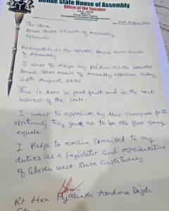 Resignation letter of the Benue State House of Assembly Speaker 